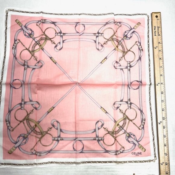 Unused Celine Paris Mini Scarf/Handkerchief Cotton 18" Pink White Gold chain(62 - Picture 6 of 6